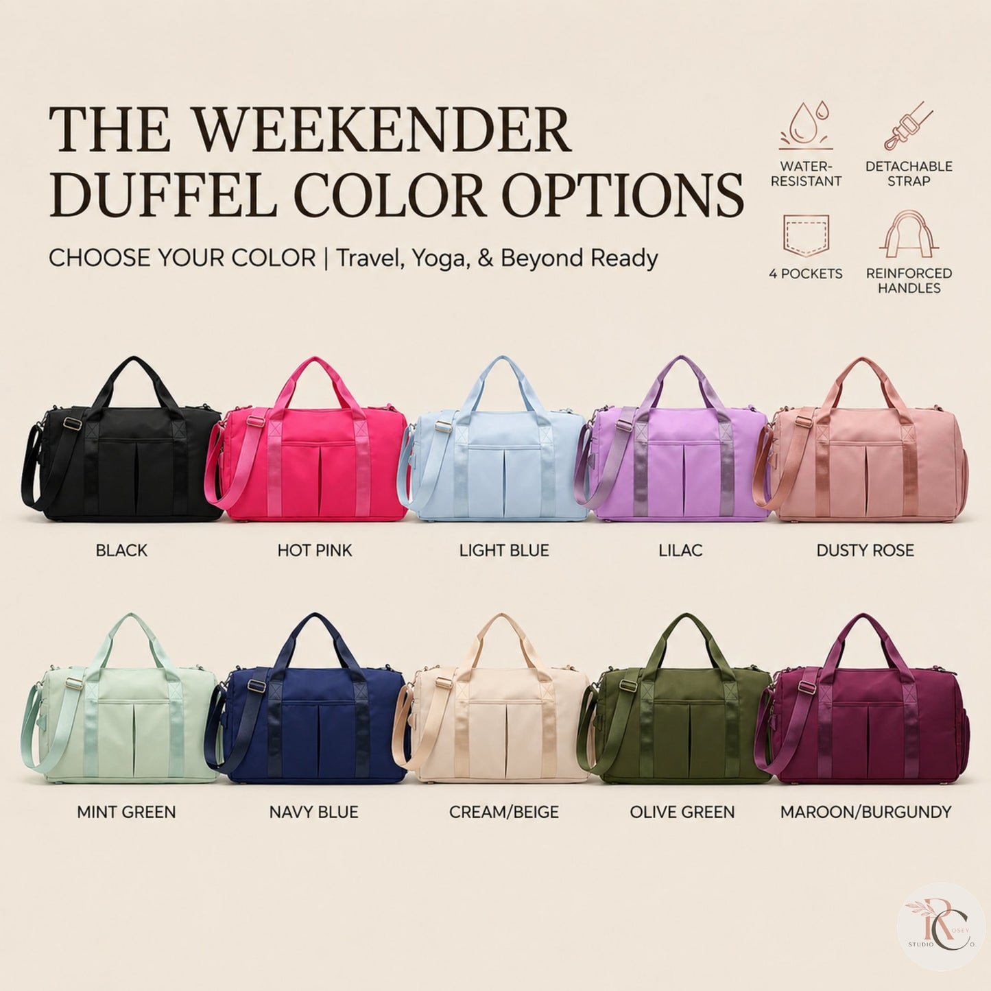 Weekender duffel shown in ten color options, from black and hot pink to navy, olive green and burgundy