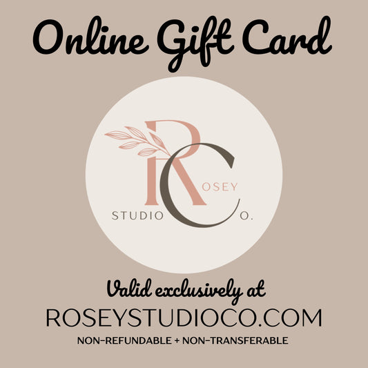 Online gift card graphic with a rose gold leaf emblem on tan