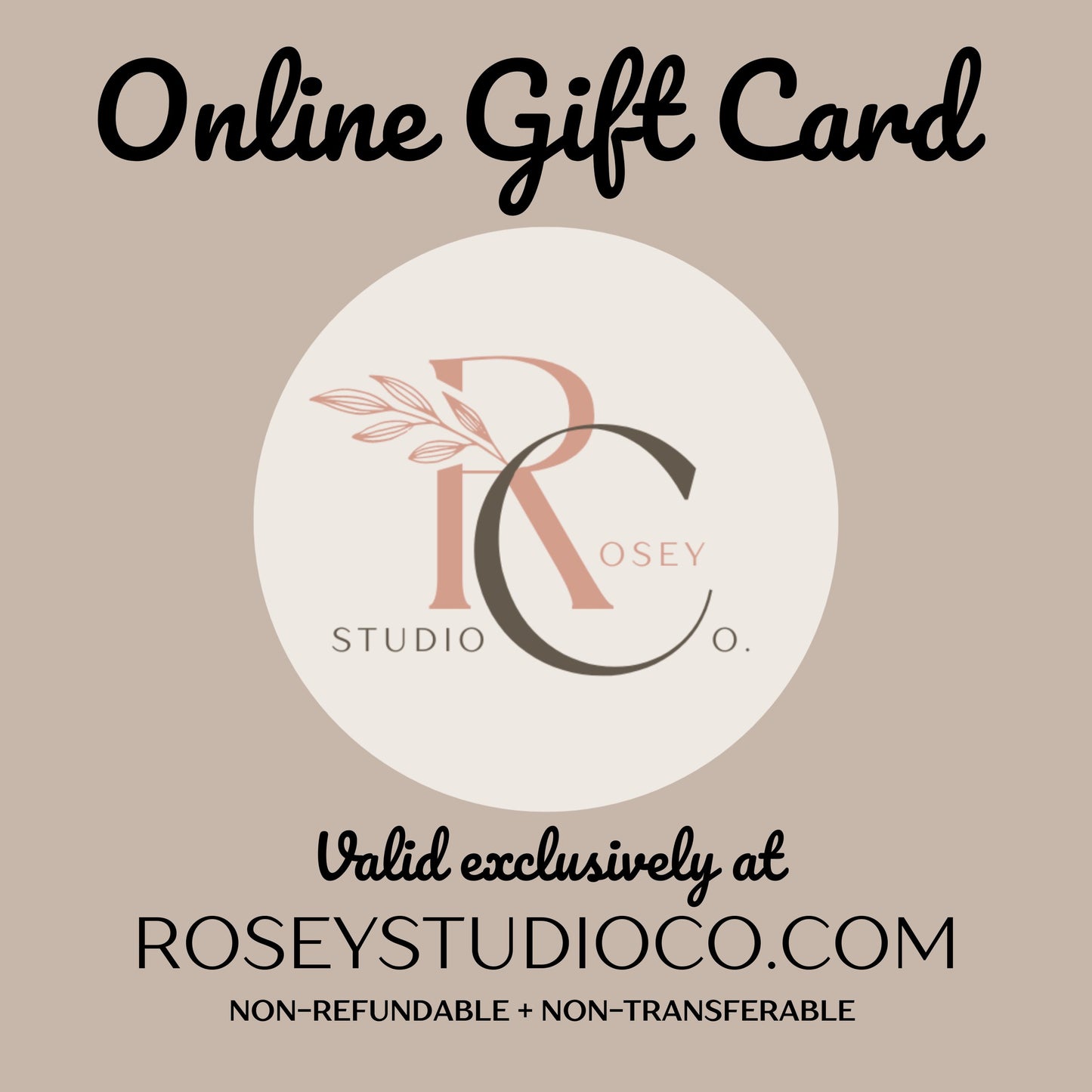 Online gift card graphic with a rose gold leaf emblem on tan