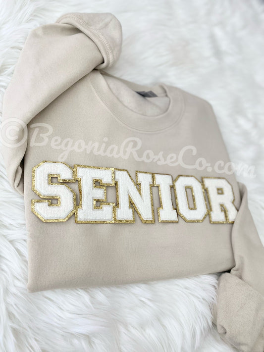 SENIOR patch sweatshirt grey with light pink chenille letter patches