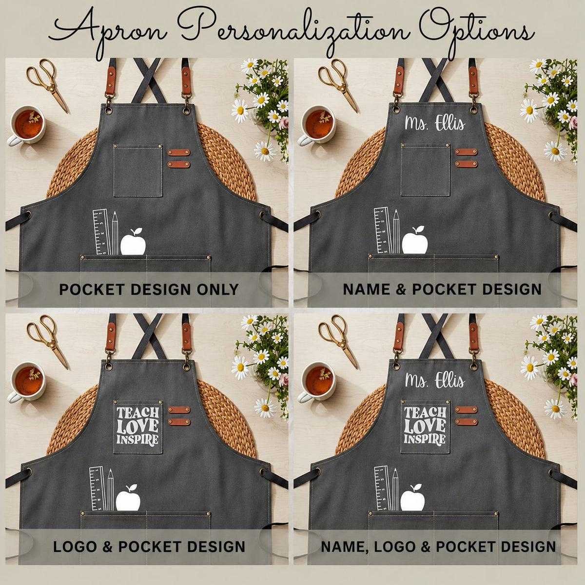 Graphic comparing apron personalization options for pocket name and logo
