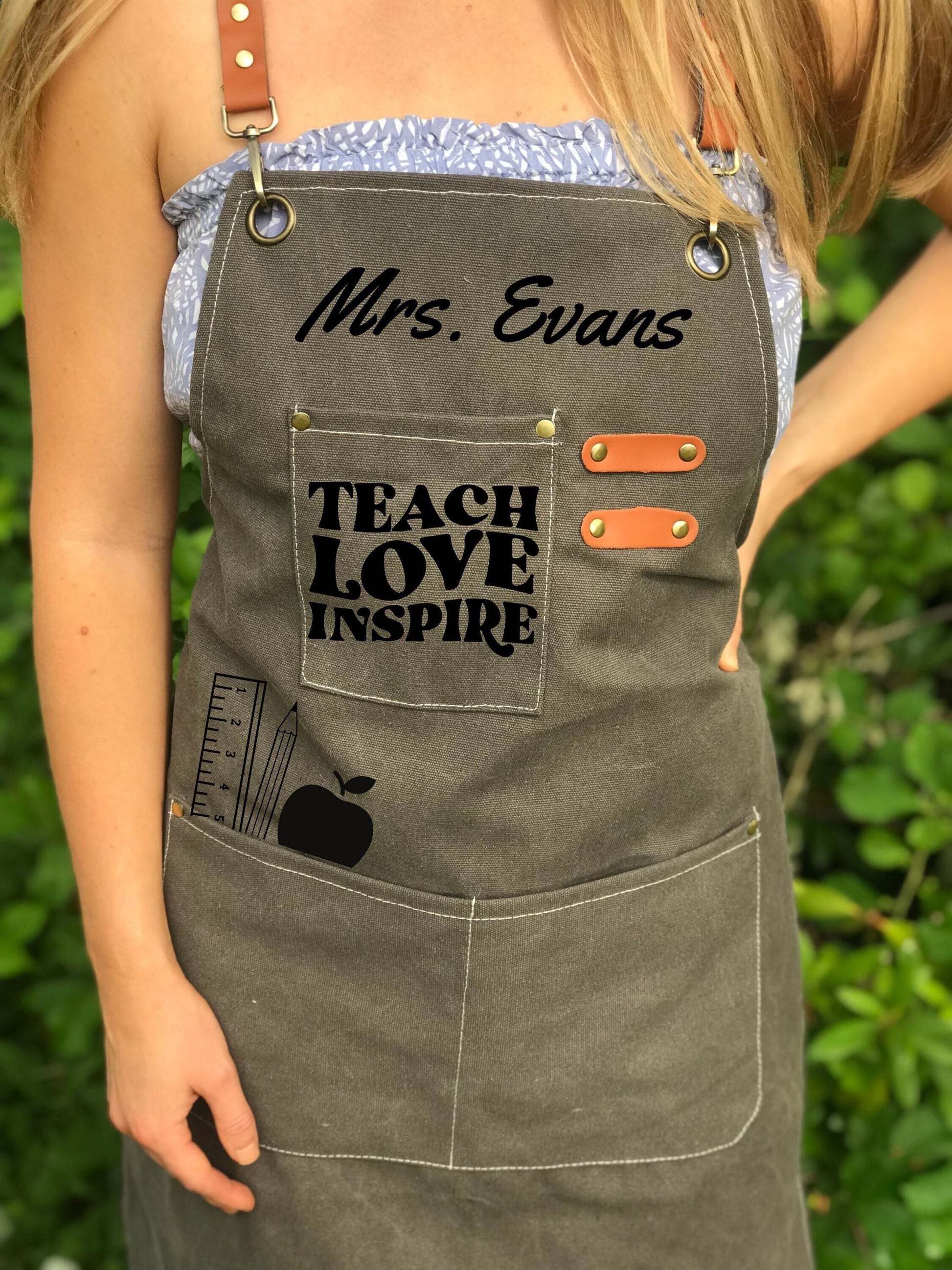 Personalized teacher apron custom classroom tool smock canvas