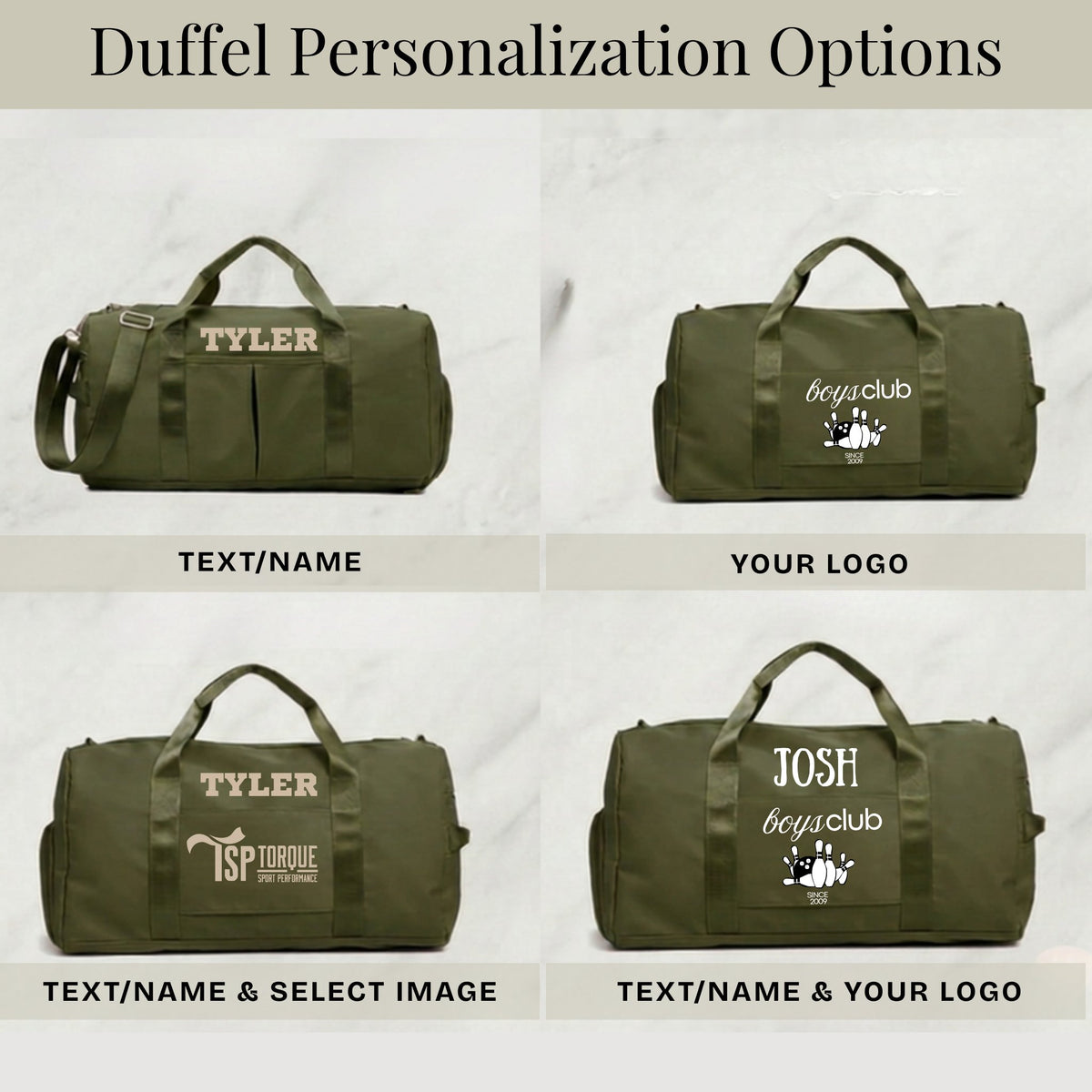 Graphic comparing olive duffel personalization with text and logo