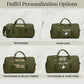 Graphic comparing olive duffel personalization with text and logo