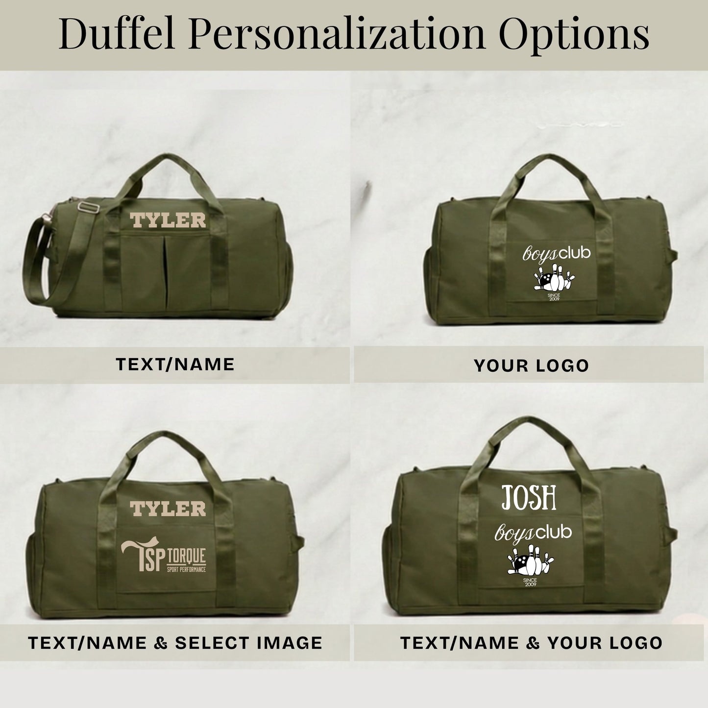 Graphic comparing olive duffel personalization with text and logo