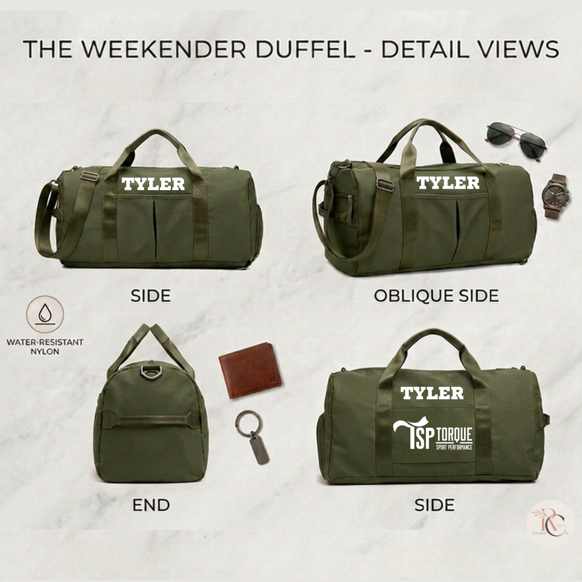 Chart of four olive duffel views with accessories and a logo patch