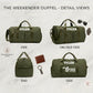 Chart of four olive duffel views with accessories and a logo patch