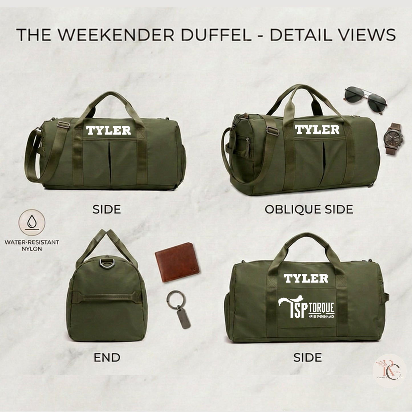 Chart of four olive duffel views with accessories and a logo patch