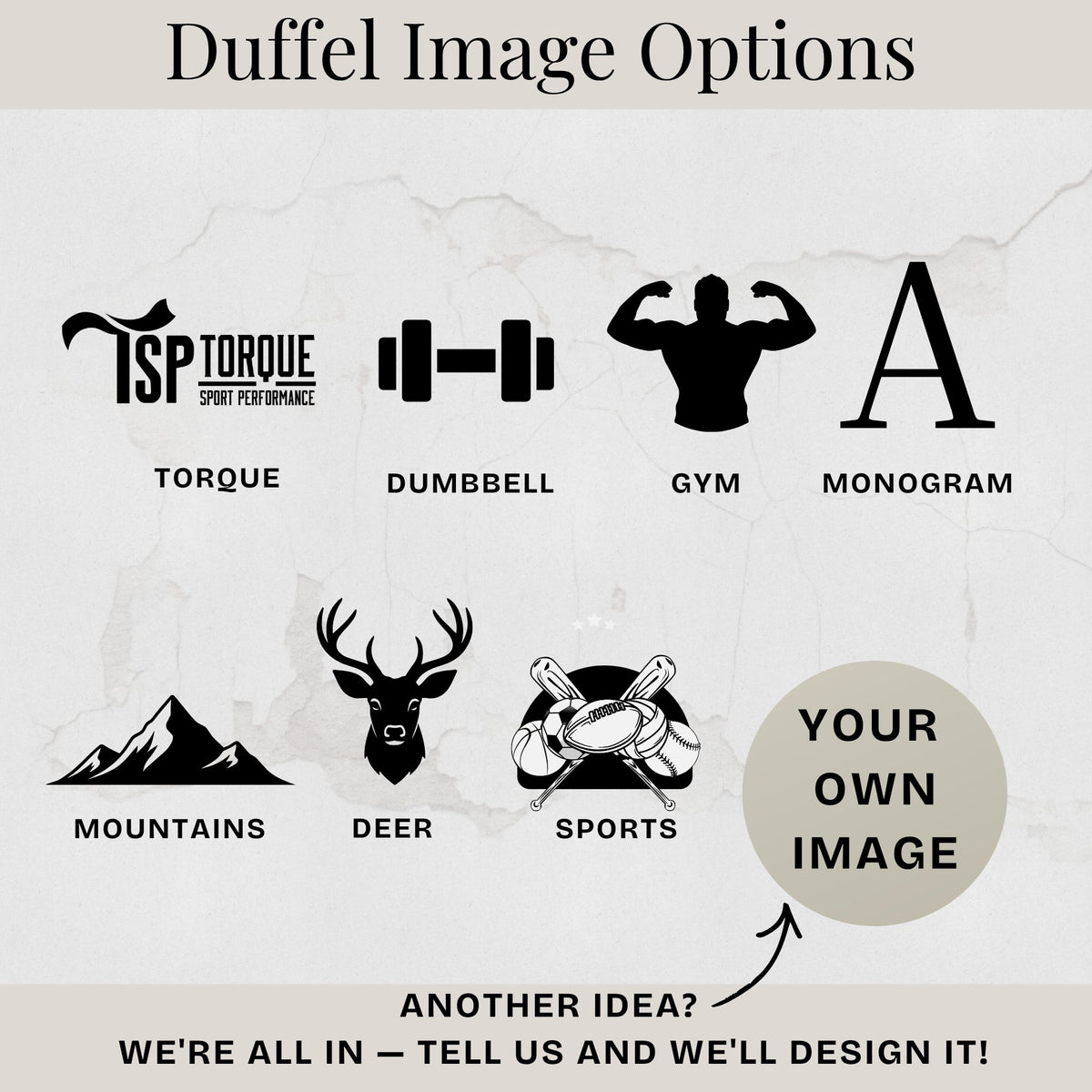 Graphic of duffel design icons including torque logo and dumbbell