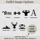 Graphic of duffel design icons including torque logo and dumbbell