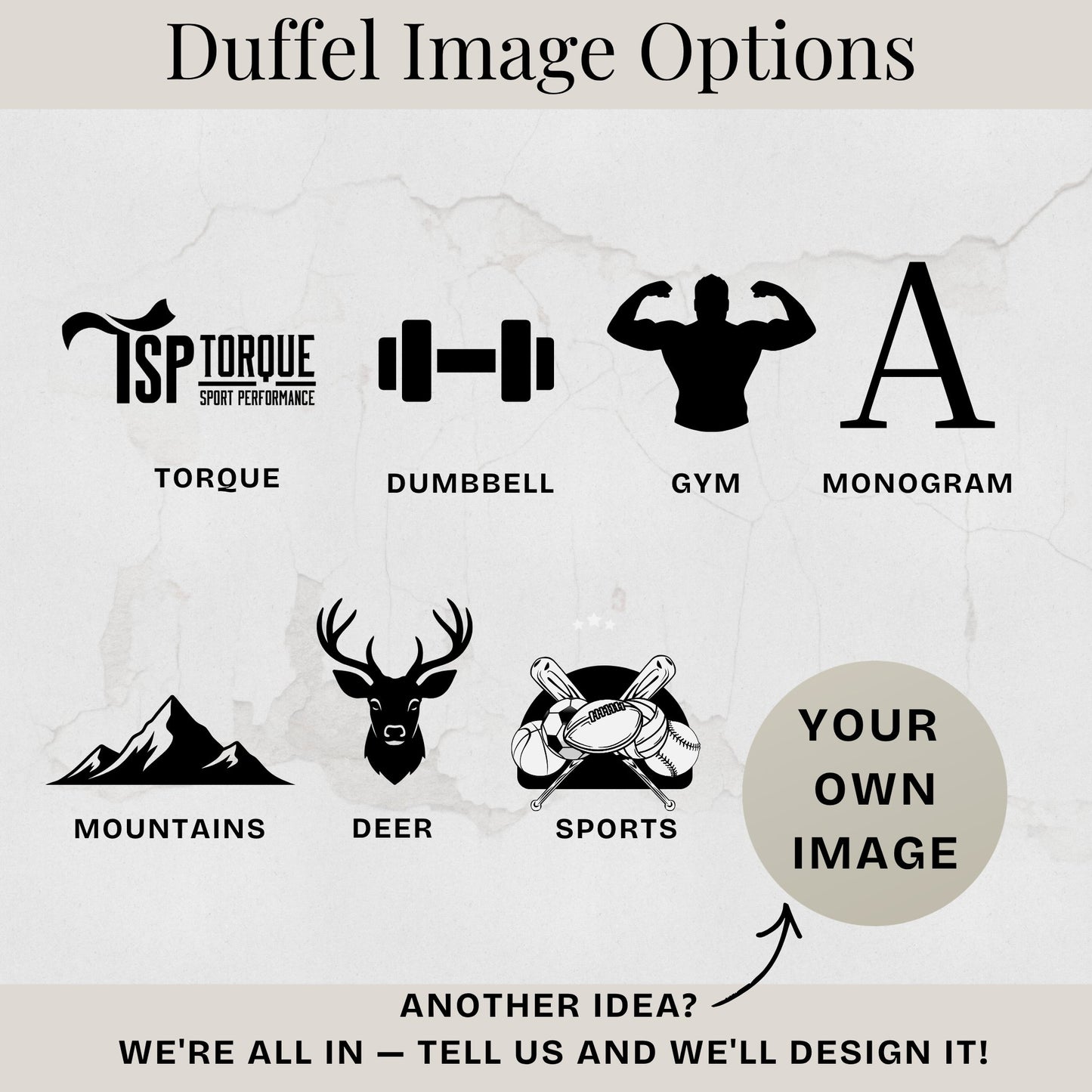 Graphic of duffel design icons including torque logo and dumbbell