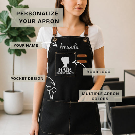 Personalized hairstylist apron front view, 3 tool pockets and adjustable straps