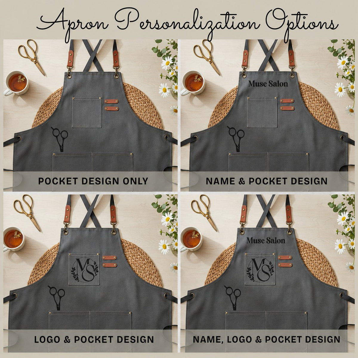 Hairstylist salon apron cross-back strap detail, no-neck-strain design
