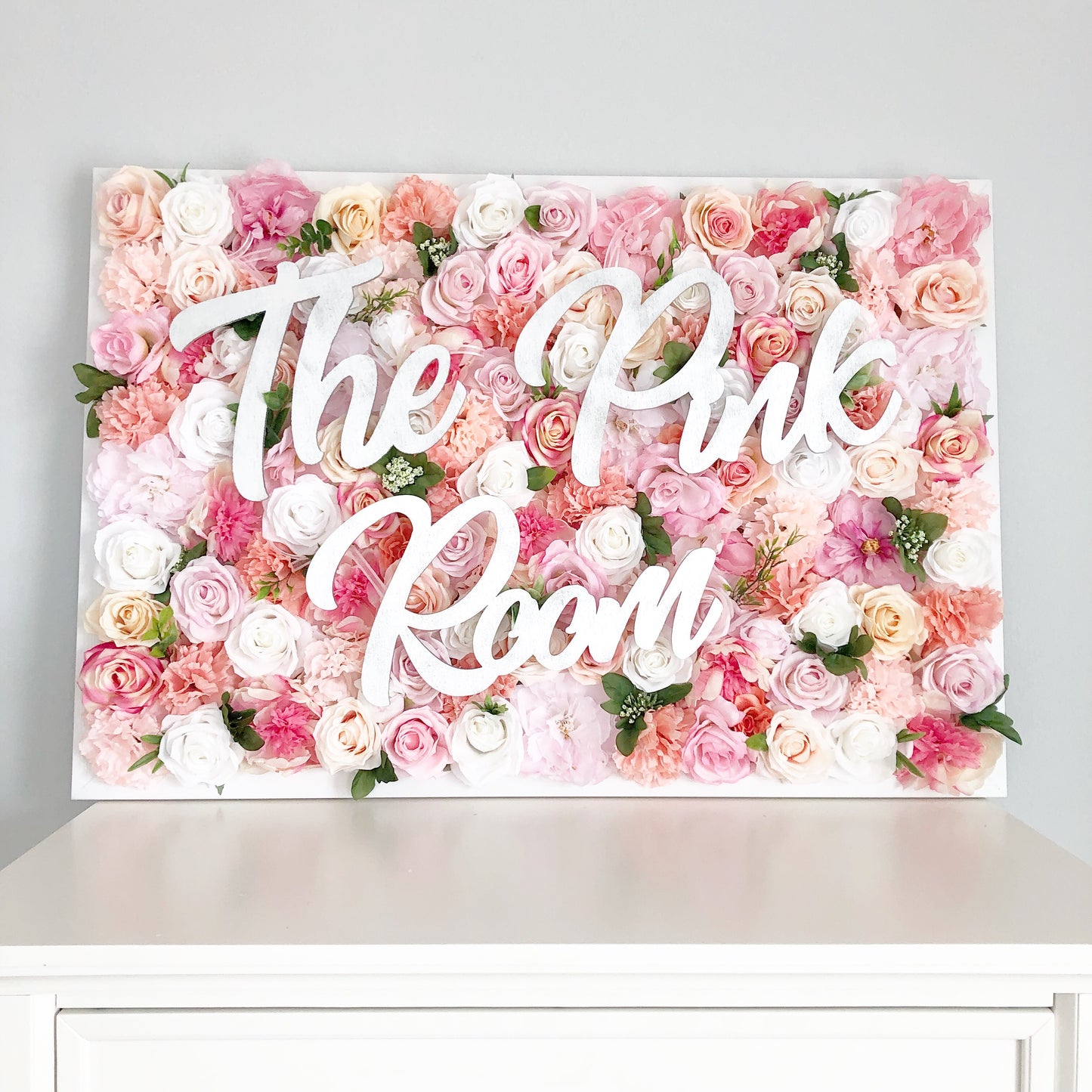 Faux Flower Wall with Name Sign Custom Beauty Room Wall Art Event Decoration