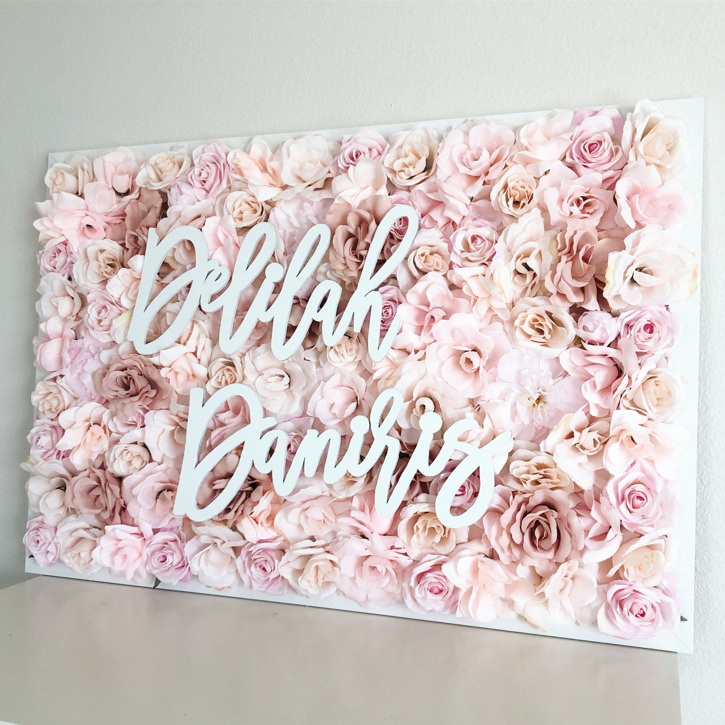 Rose gold flower wall with name sign 3D floral art girl nursery