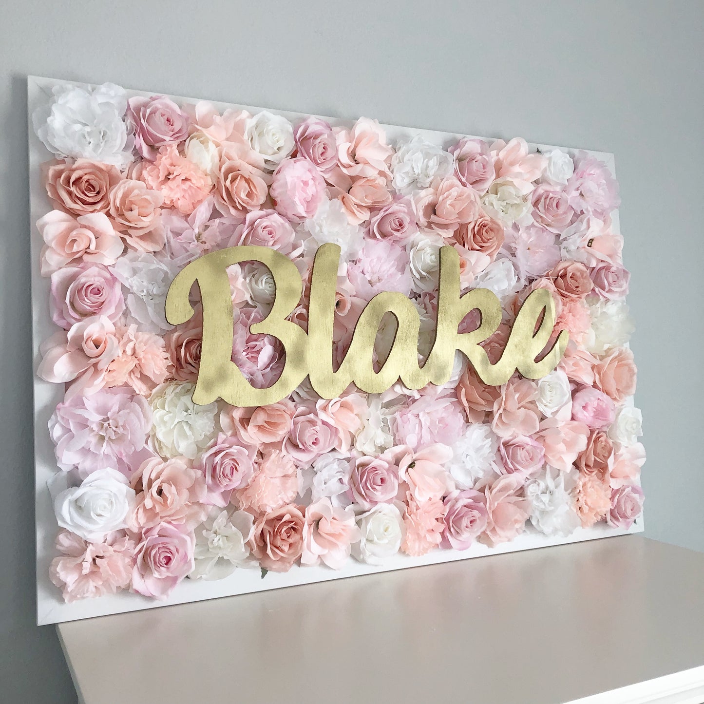 Personalized Flower Wall with Name Sign Wooden Faux Silk Flowers Decor