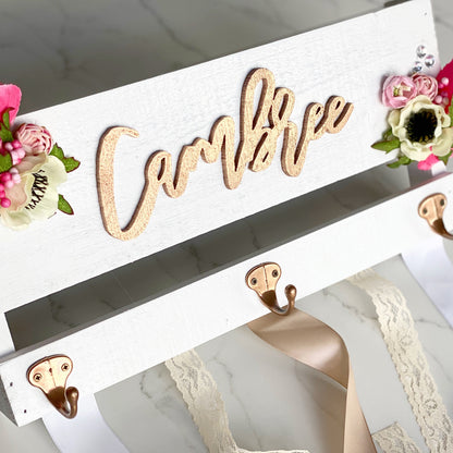 Custom Bow Holder Headband Holder Name Sign, Personalized Bow, Bow Holder with Flowers, Baby Shower Gift Girl, Girl Nursery Wall Decor