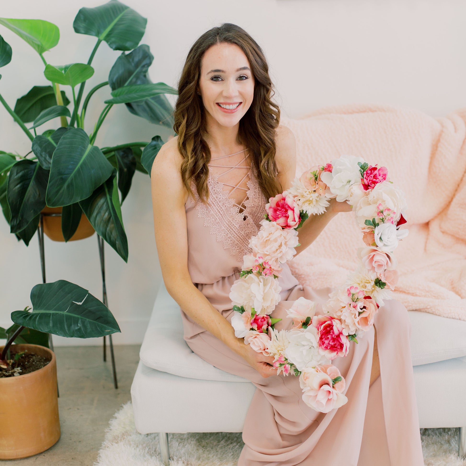 Floral letter flower initial for bridal shower decor and bride photo shoot