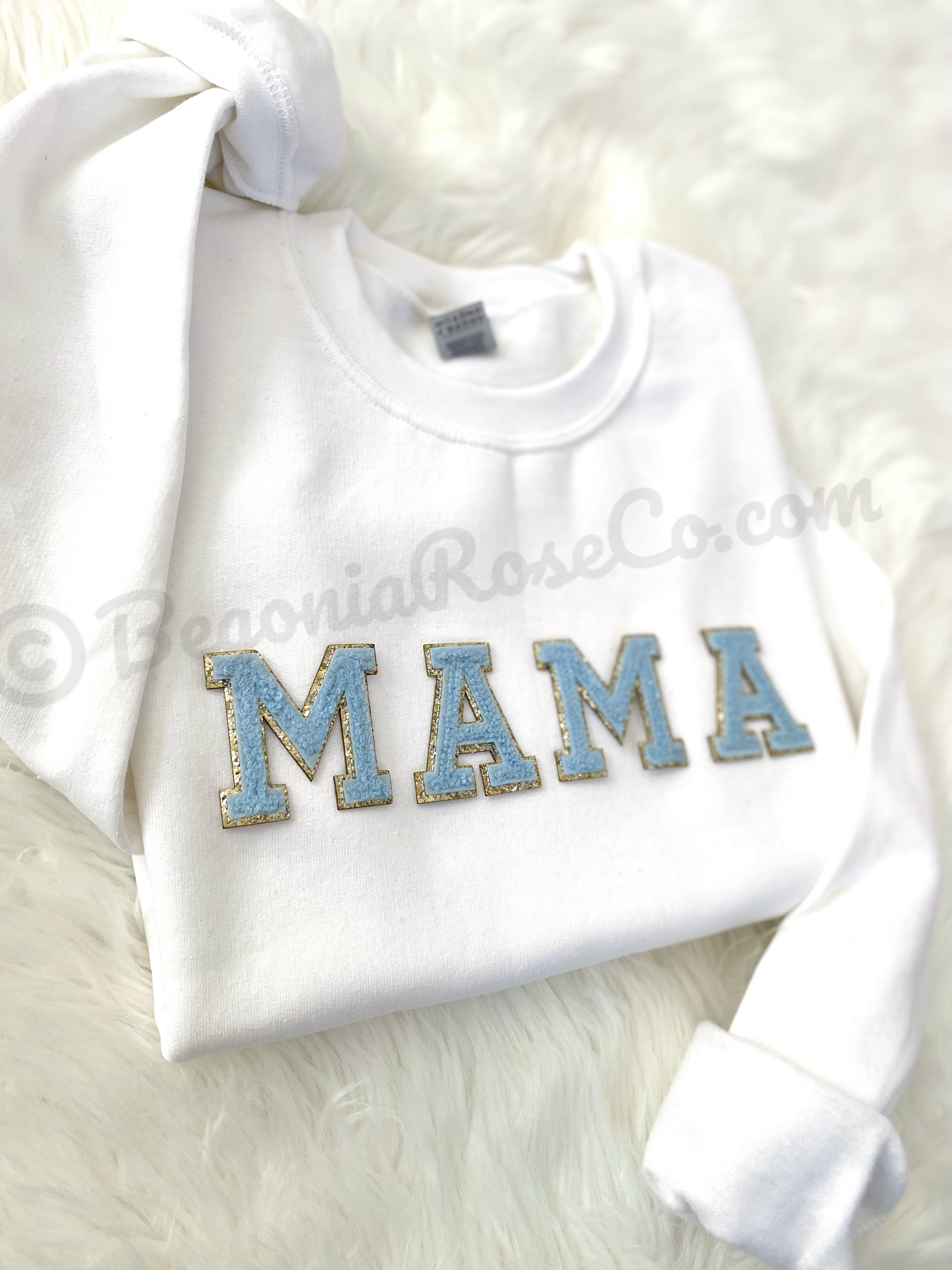 Chenille MAMA Patch Crewneck Sweatshirt size chart unisex XS to 3XL