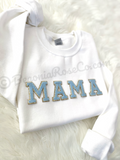 Chenille MAMA patch crewneck sweatshirt grey with off-white patches front view