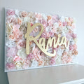 Pale pink and gold flower wall with name sign girl nursery art