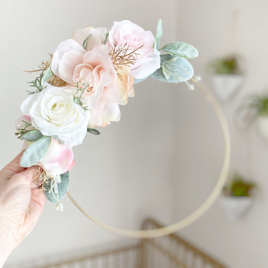 Floral Hoop Wreath, Nursery Floral Wreath, Nursery Wall Decor Girl, Photo Prop Wreath, Baby Shower Wreath Girl Nursery, Farmhouse Decor