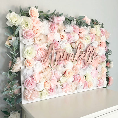 Flower Wall with Name Sign Event Backdrop Personalized Faux Floral Art
