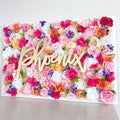 3D flower wall with name sign wedding backdrop rainbow florals