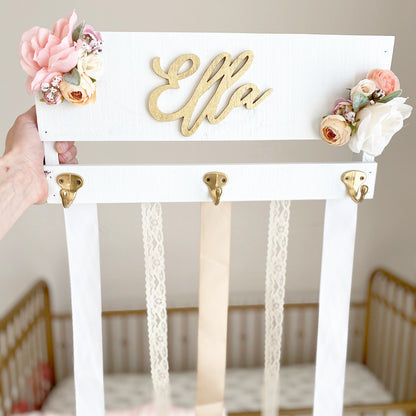 Custom Bow Holder Headband Holder Name Sign, Personalized Bow, Bow Holder with Flowers, Baby Shower Gift Girl, Girl Nursery Wall Decor