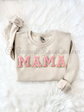Chenille MAMA patch crewneck sweatshirt grey with off-white patches front view