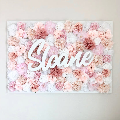 Custom Flower Wall Name Sign Living Room Faux Silk Floral Wood Art Decor