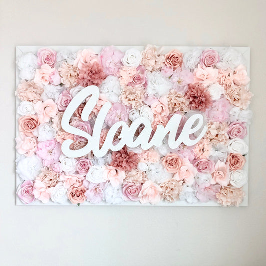 Custom Flower Wall Name Sign Living Room Faux Silk Floral Wood Art Decor