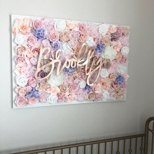 Floral Wall with Name Sign Backdrop Painted Faux Flower Customize Decor