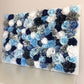Blue custom silk flower wall with dahlia and peony blooms wall decor