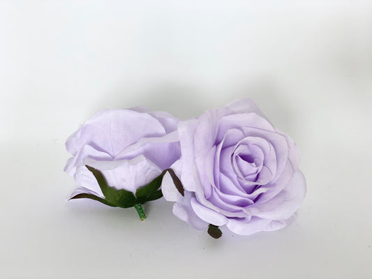 3 inch light lavender artificial rose side view showing cool lilac purple tone
