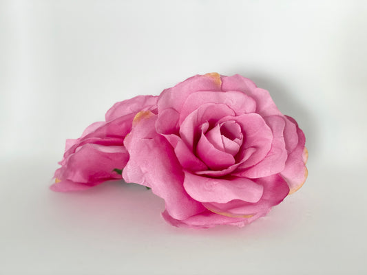 5-inch fuchsia pink artificial rose angled view - large hot pink silk flower for weddings and parties