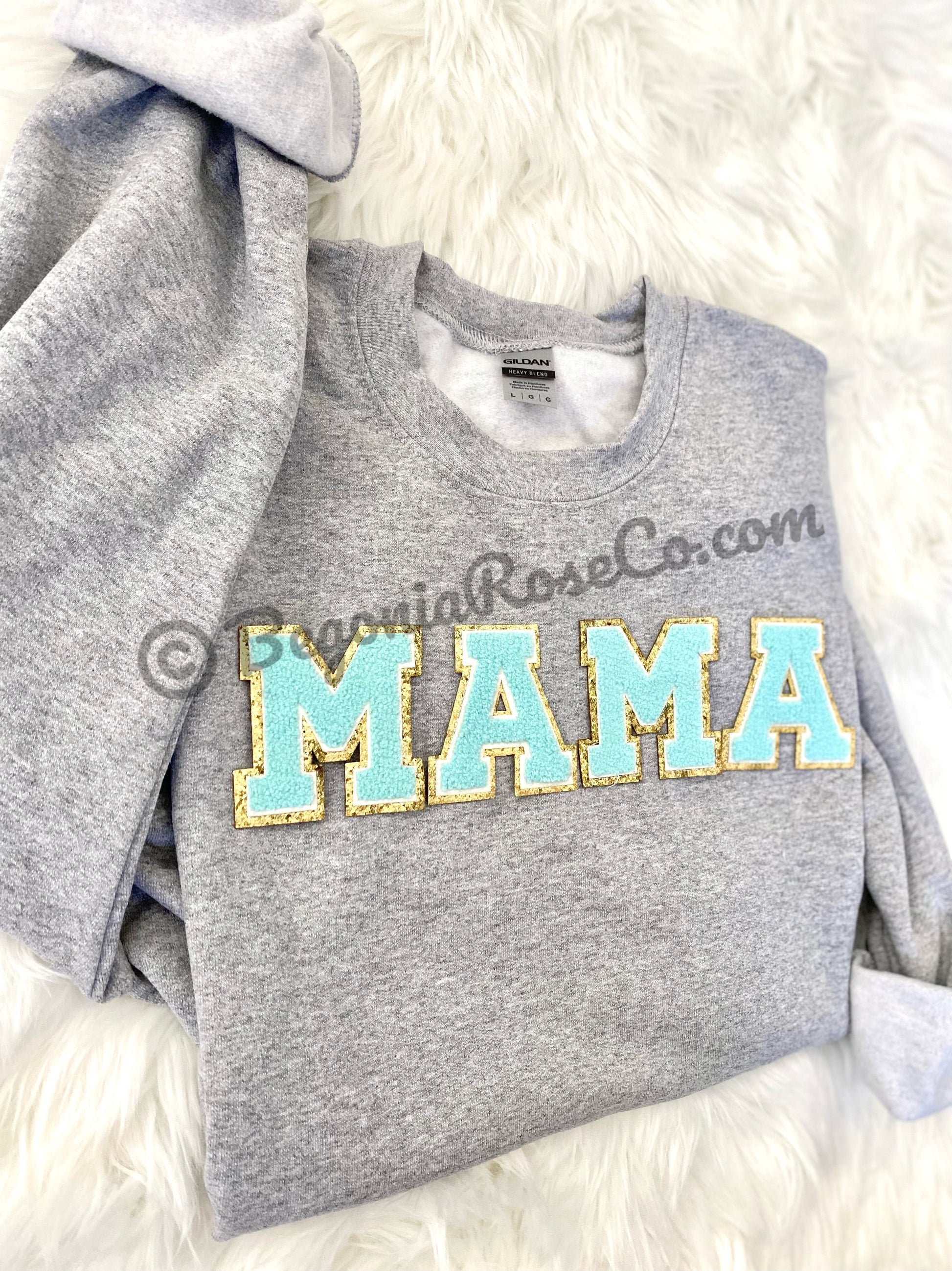 Chenille MAMA patch crewneck sweatshirt in white with light pink letters - front view