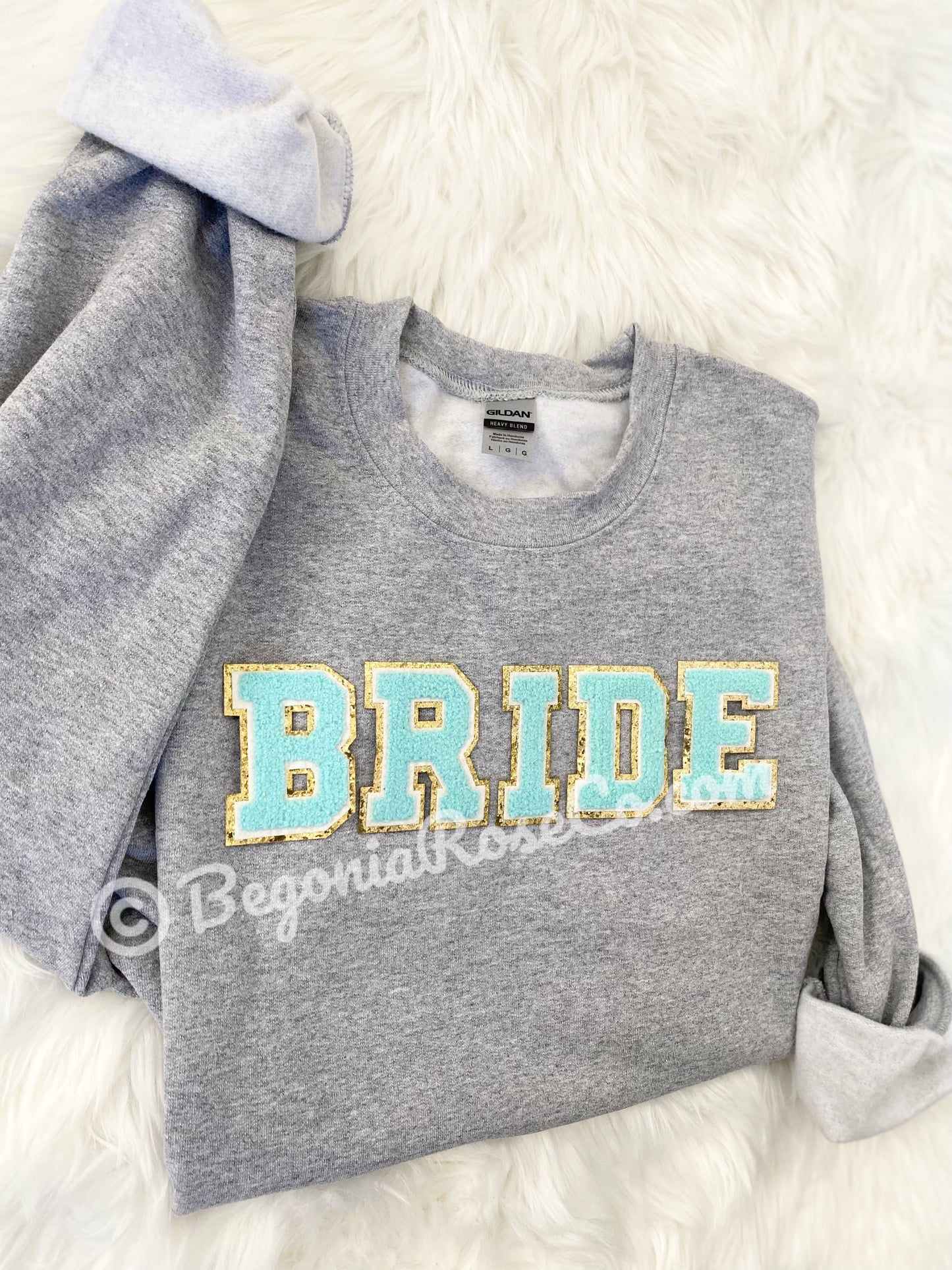 Chenille BRIDE sweatshirt in grey modeled - bridal shower gift
