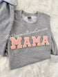 MAMA patch crewneck sweatshirt grey with aqua chenille patches mom gift