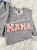 Chenille MAMA Patch Crewneck Sweatshirt grey color mom gift front view