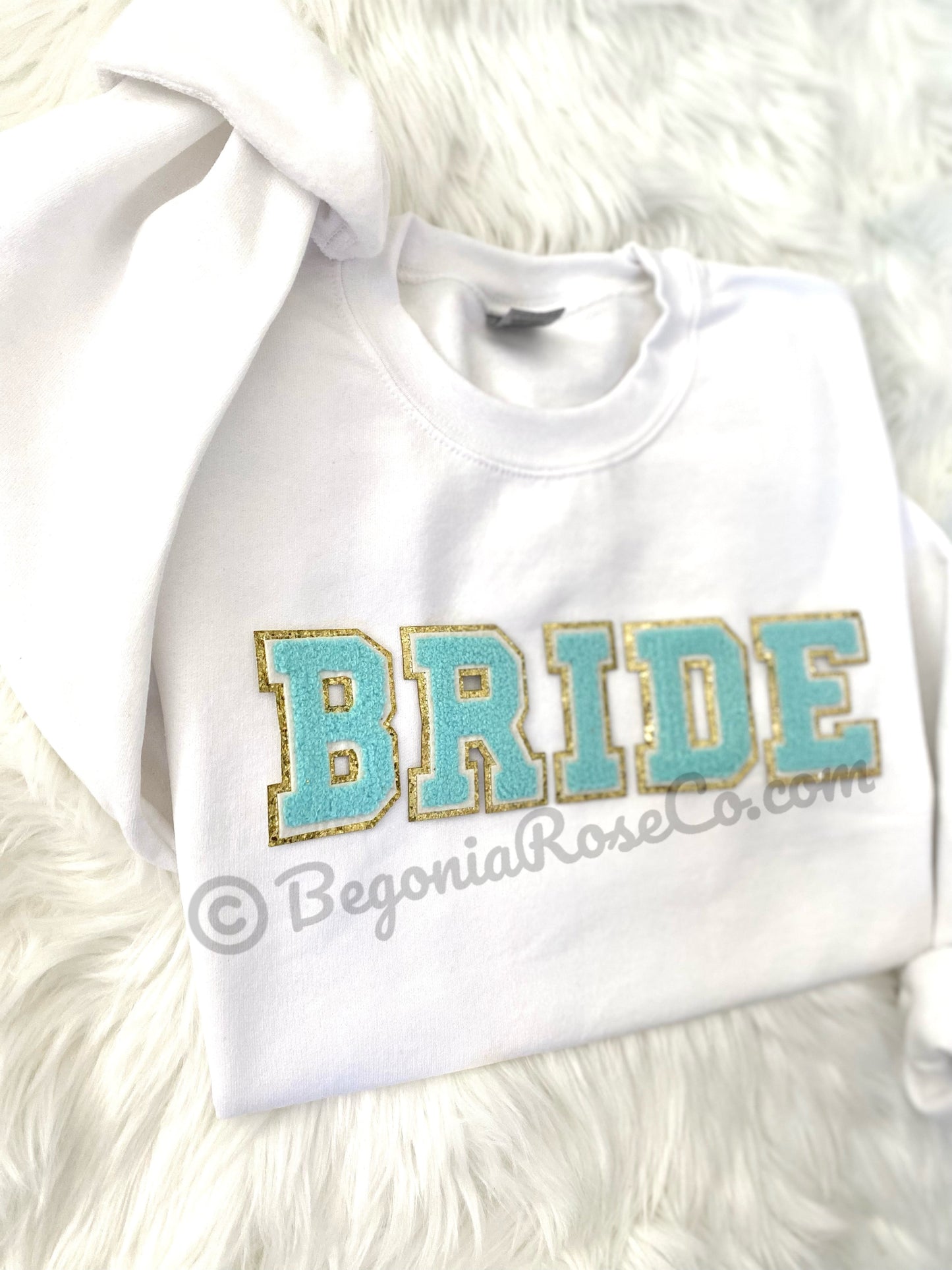BRIDE crewneck sweatshirt color comparison - light pink, cream, and aqua patch options