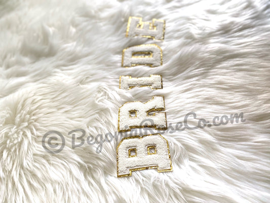 BRIDE chenille patches medium pink sequin close-up bridal shower decor