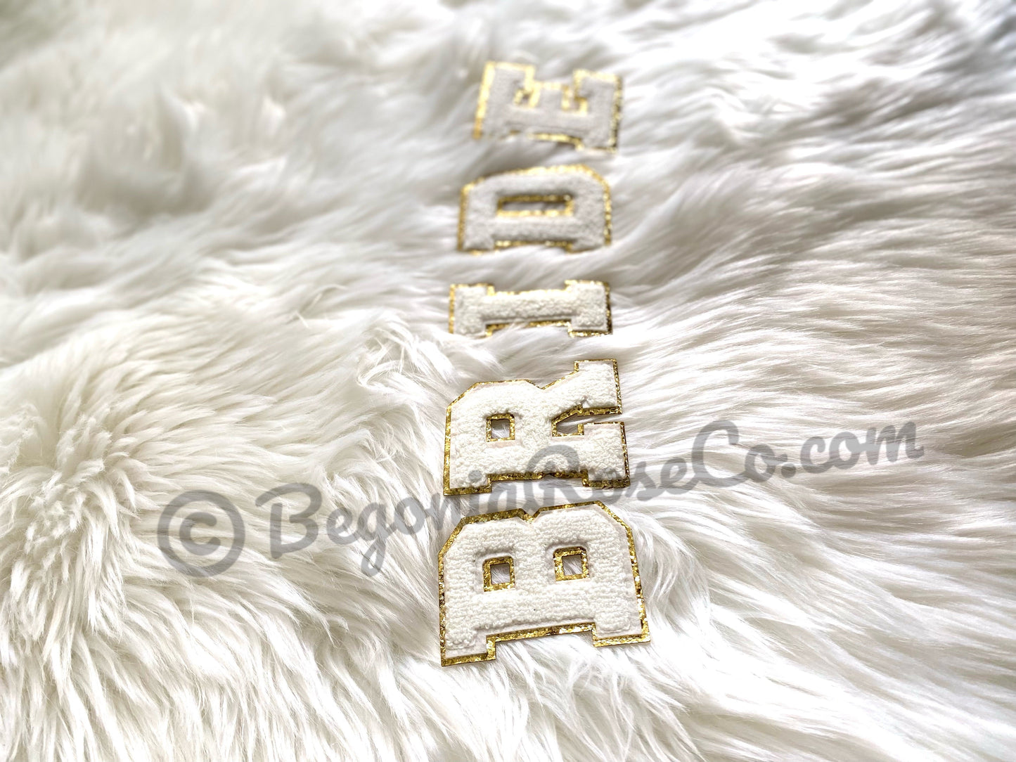 BRIDE chenille patches medium pink sequin close-up bridal shower decor
