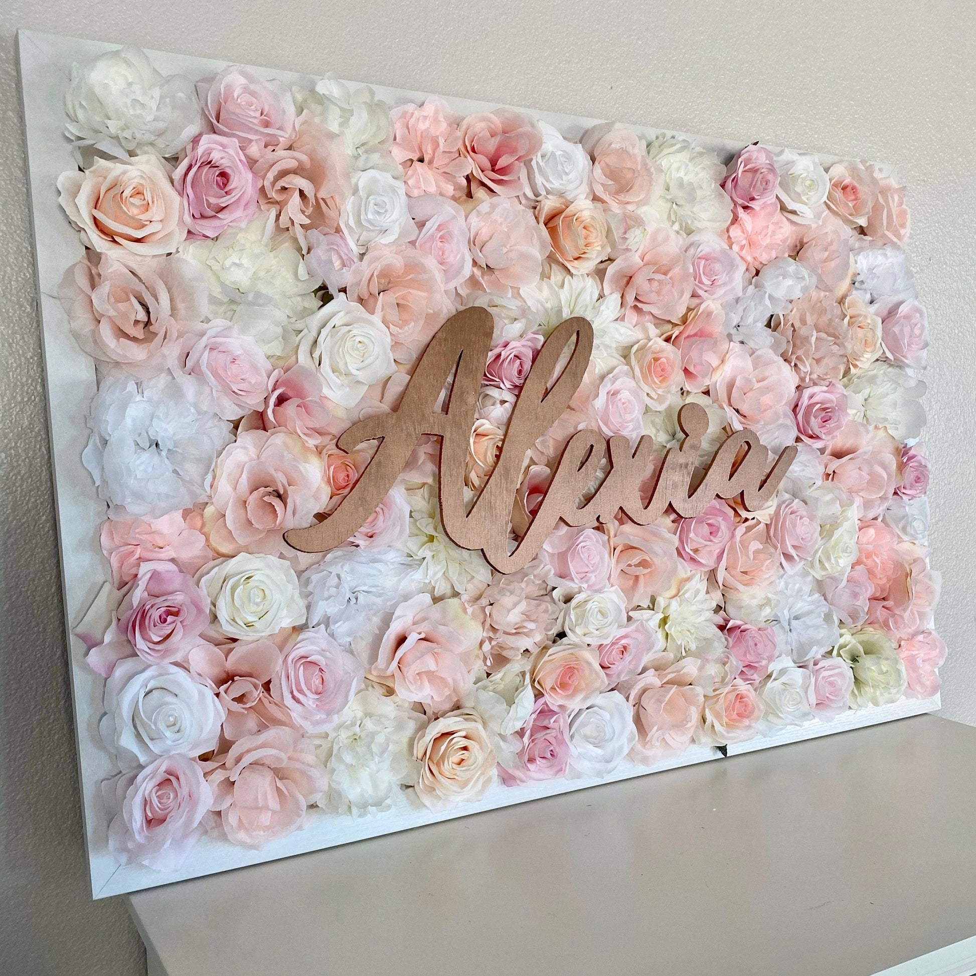 Beautiful framed faux floral wall hanging with wooden name sign is perfect for nursery decor, kids room decor, wedding decor, baby shower decor, or office decor! 