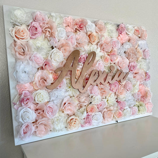 Beautiful framed faux floral wall hanging with wooden name sign is perfect for nursery decor, kids room decor, wedding decor, baby shower decor, or office decor! 