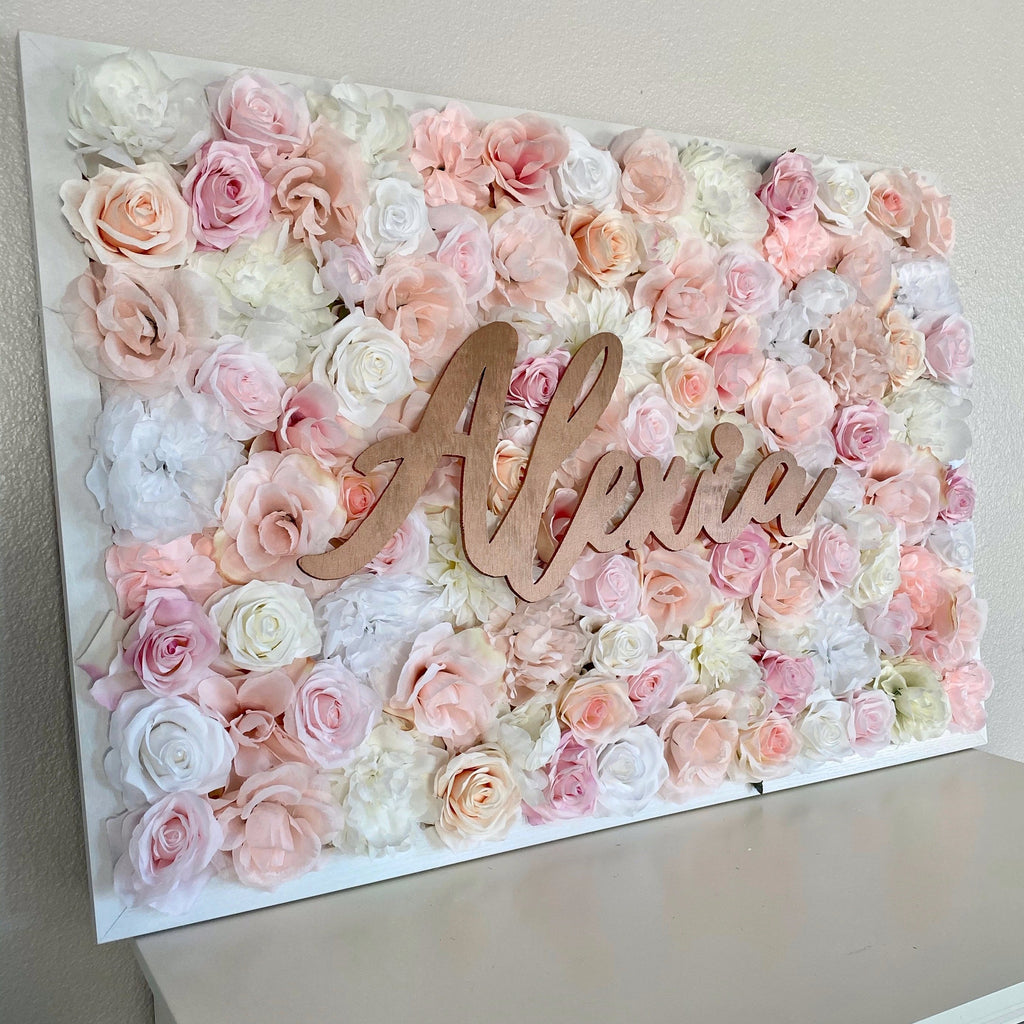 Beautiful framed faux floral wall hanging with wooden name sign is perfect for nursery decor, kids room decor, wedding decor, baby shower decor, or office decor! 