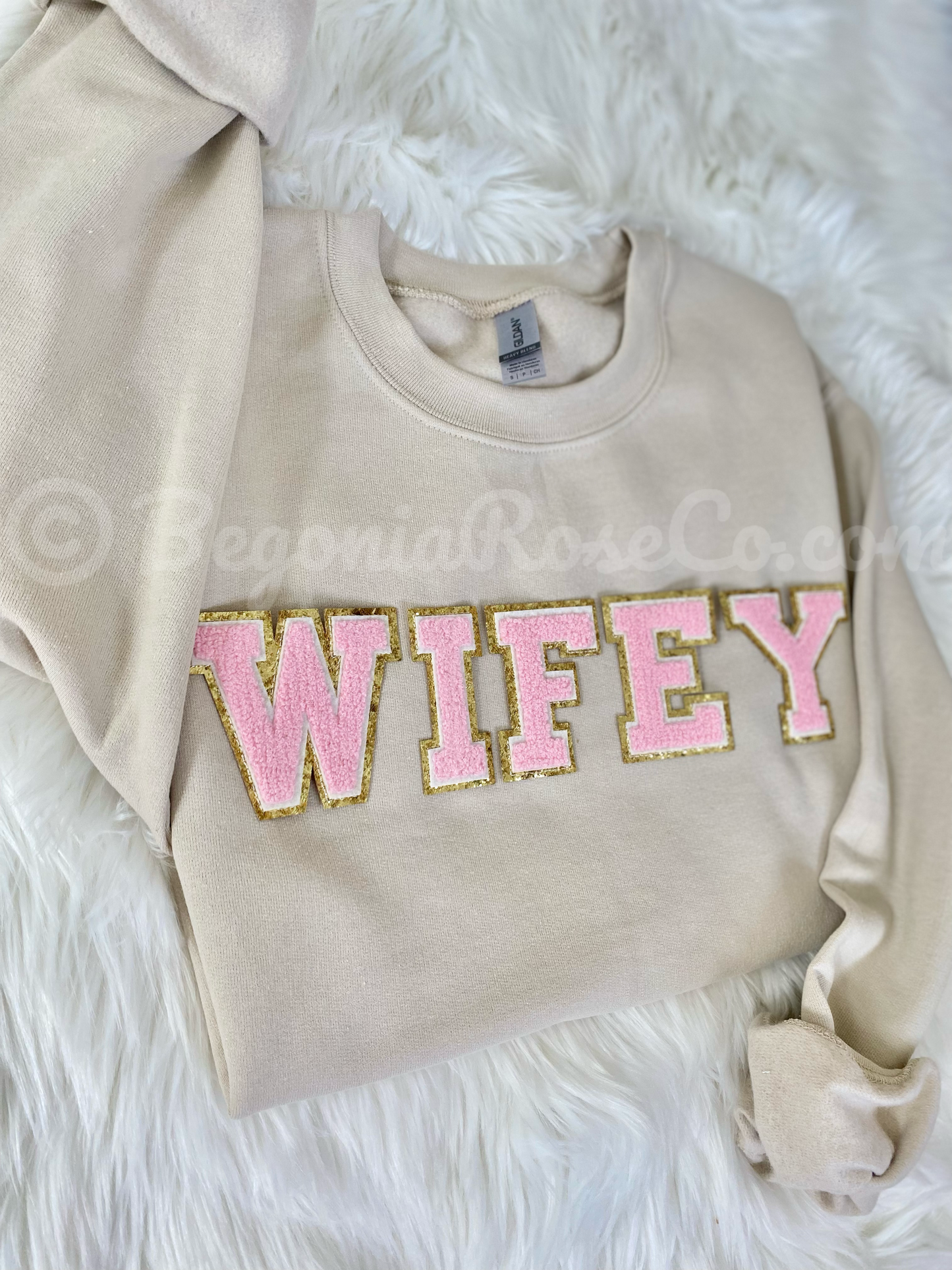 WIFEY chenille patch sweatshirt in white with light pink patch - honeymoon shirt