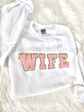 WIFE chenille patch crewneck sweatshirt in grey with aqua patch - wifey gift
