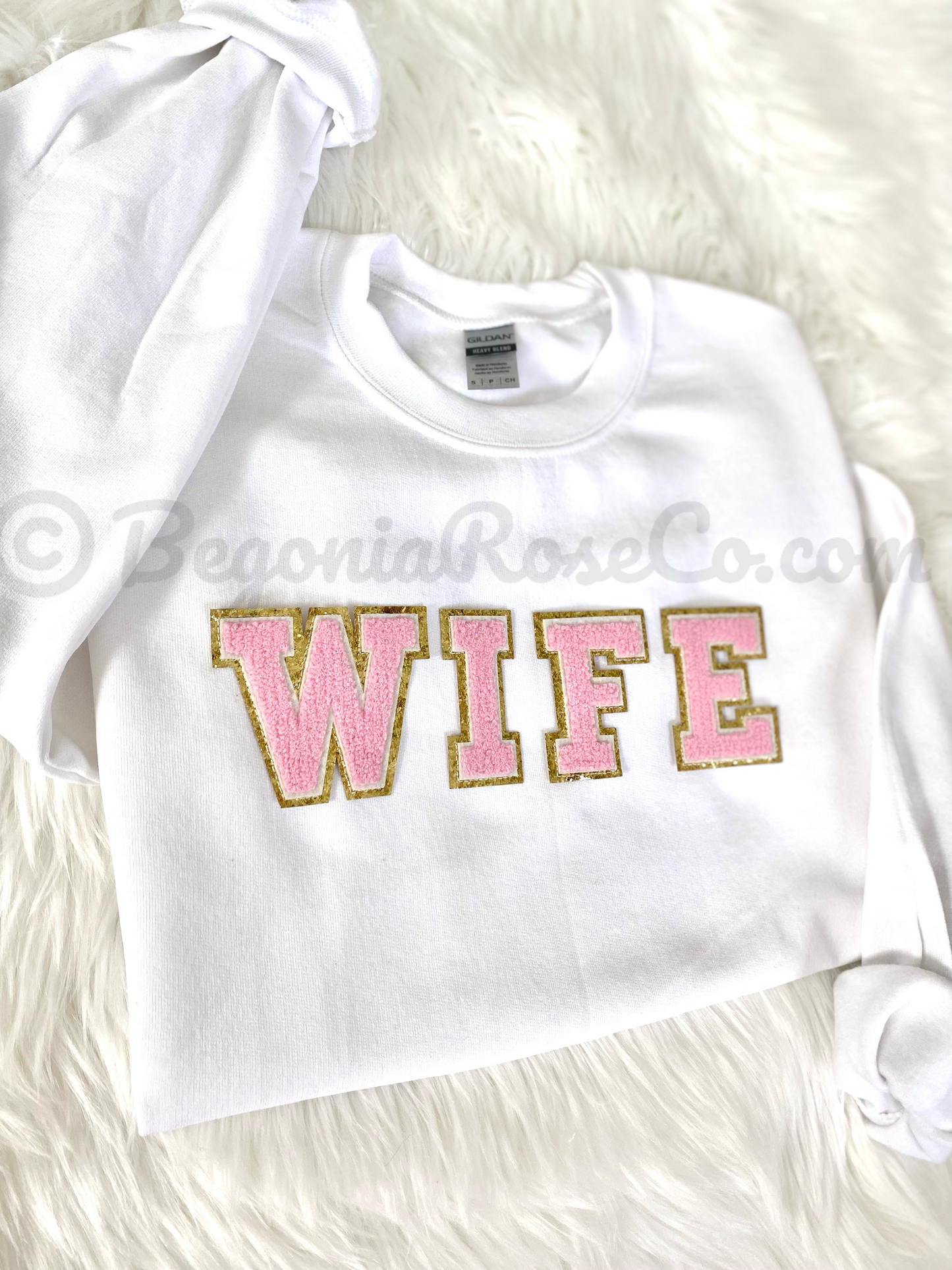 WIFE chenille patch crewneck sweatshirt in grey with aqua patch - wifey gift
