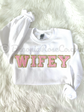 WIFEY patch crewneck sweatshirt in sand with cream chenille letters